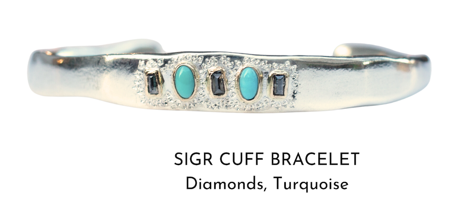 Silver Sigr Cuff Bracelet- Diamonds + Turquoise