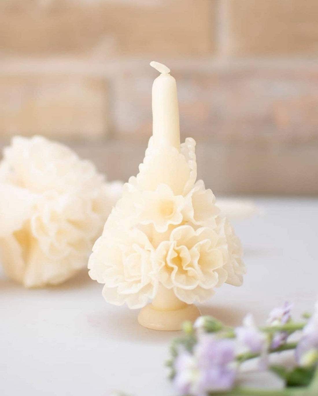 Ivory Handmade with Beeswax Floral Taper Candle from Oaxaca: Off-White / Large