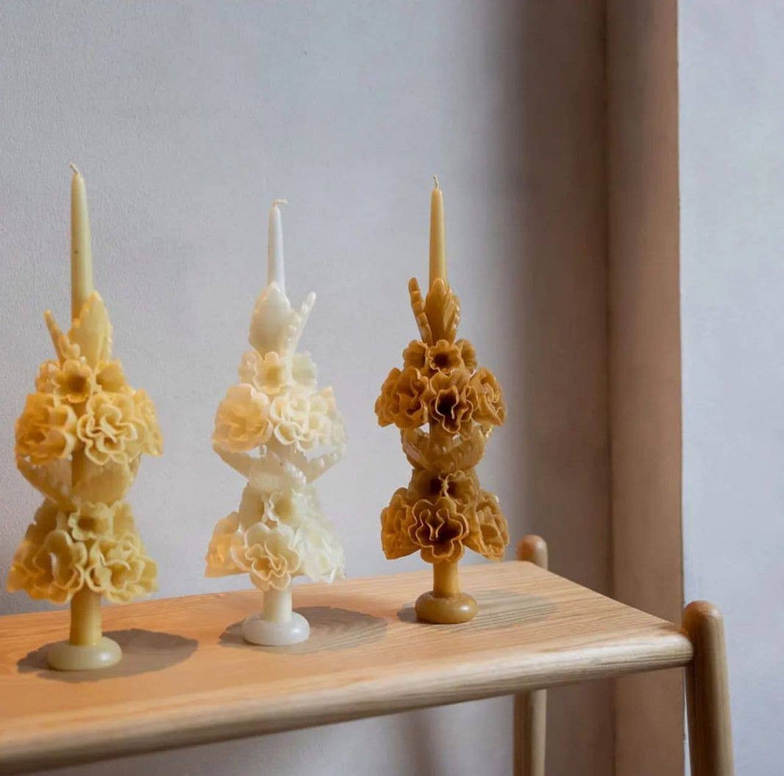 Honey Handmade with Beeswax Floral Taper Candle Oaxaca art: Small