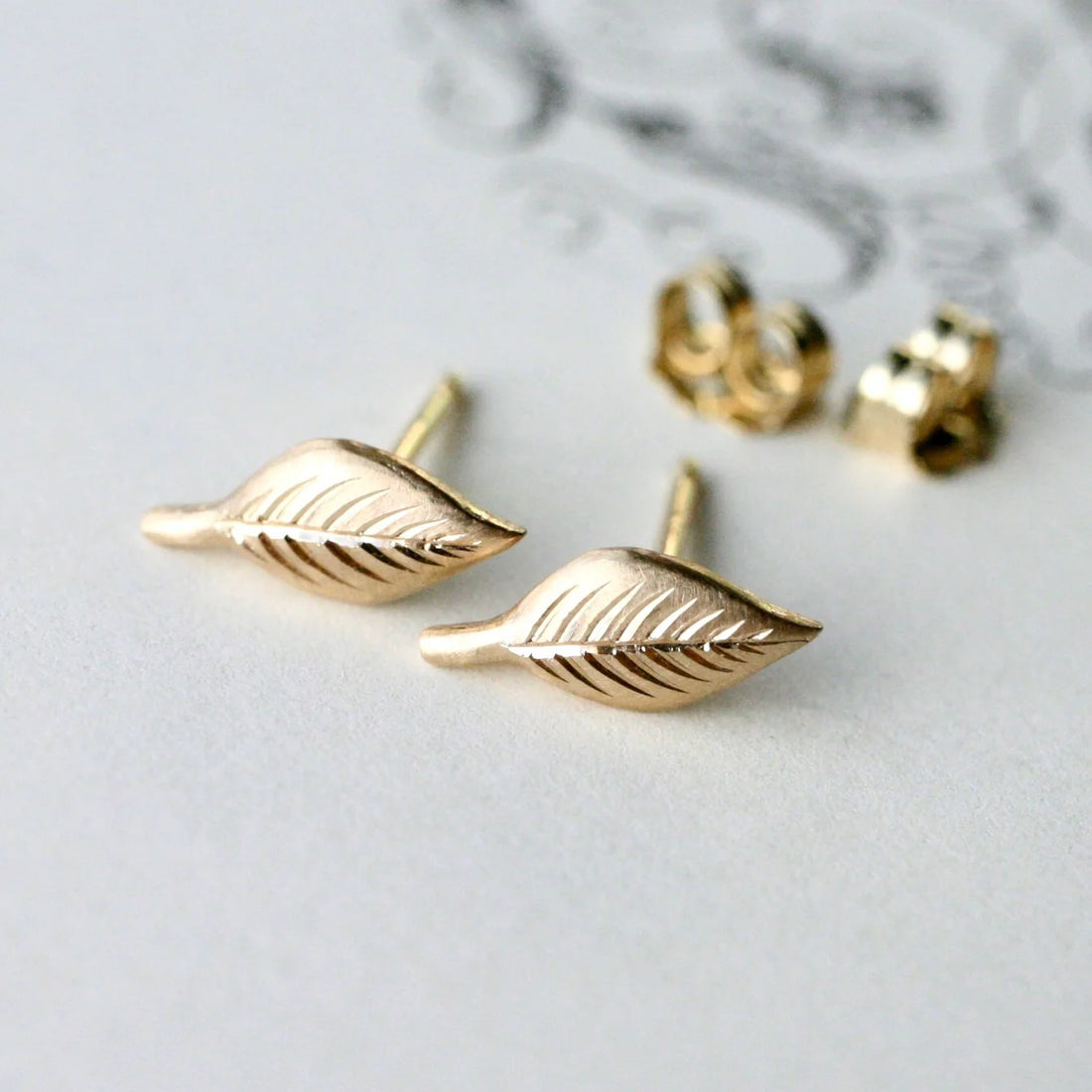 Tiny Leaf Stud Earrings- 14k