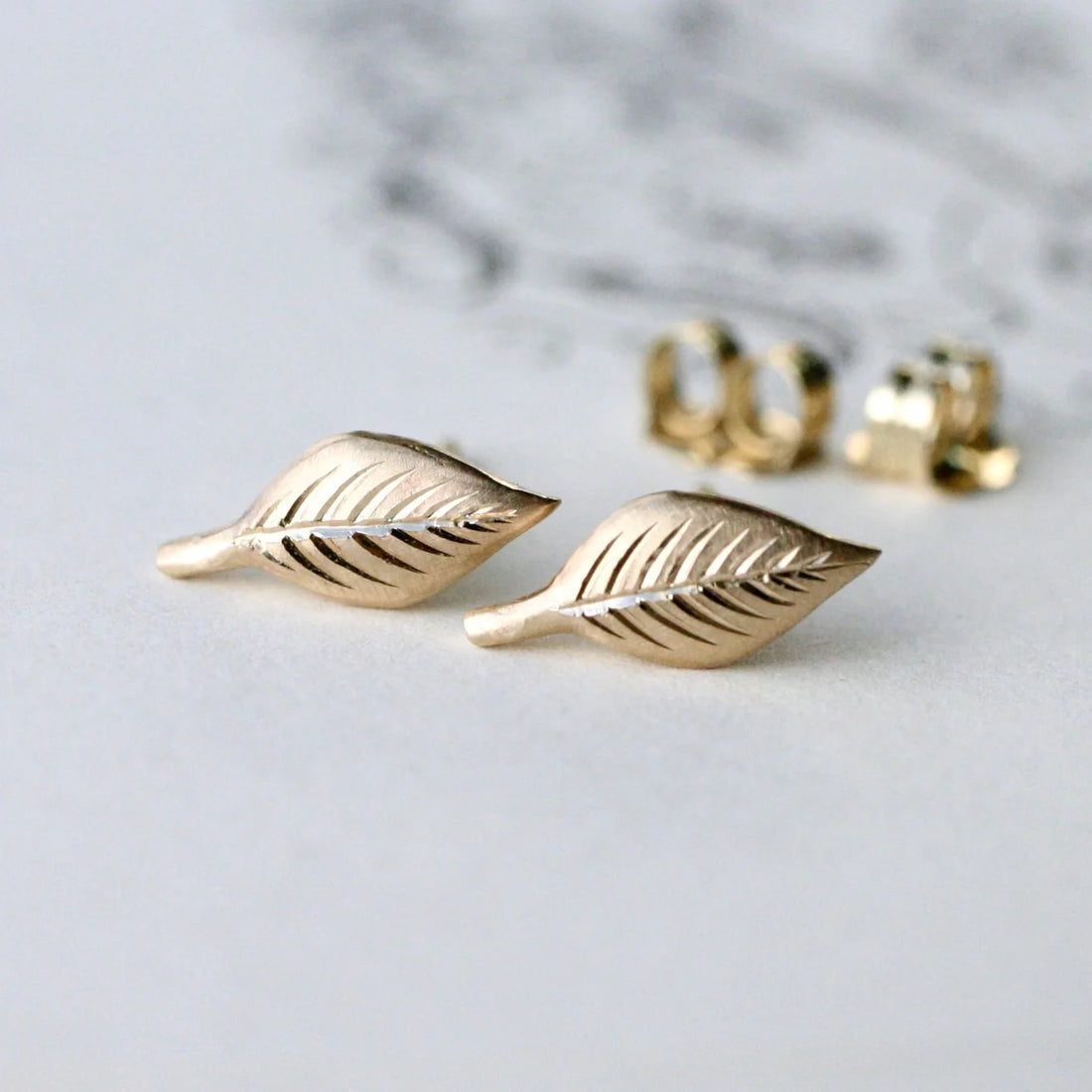 Tiny Leaf Stud Earrings- 14k