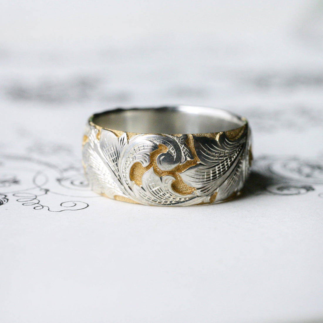 Wide Acanthus Band - Two Tone - SS & 14K Gold