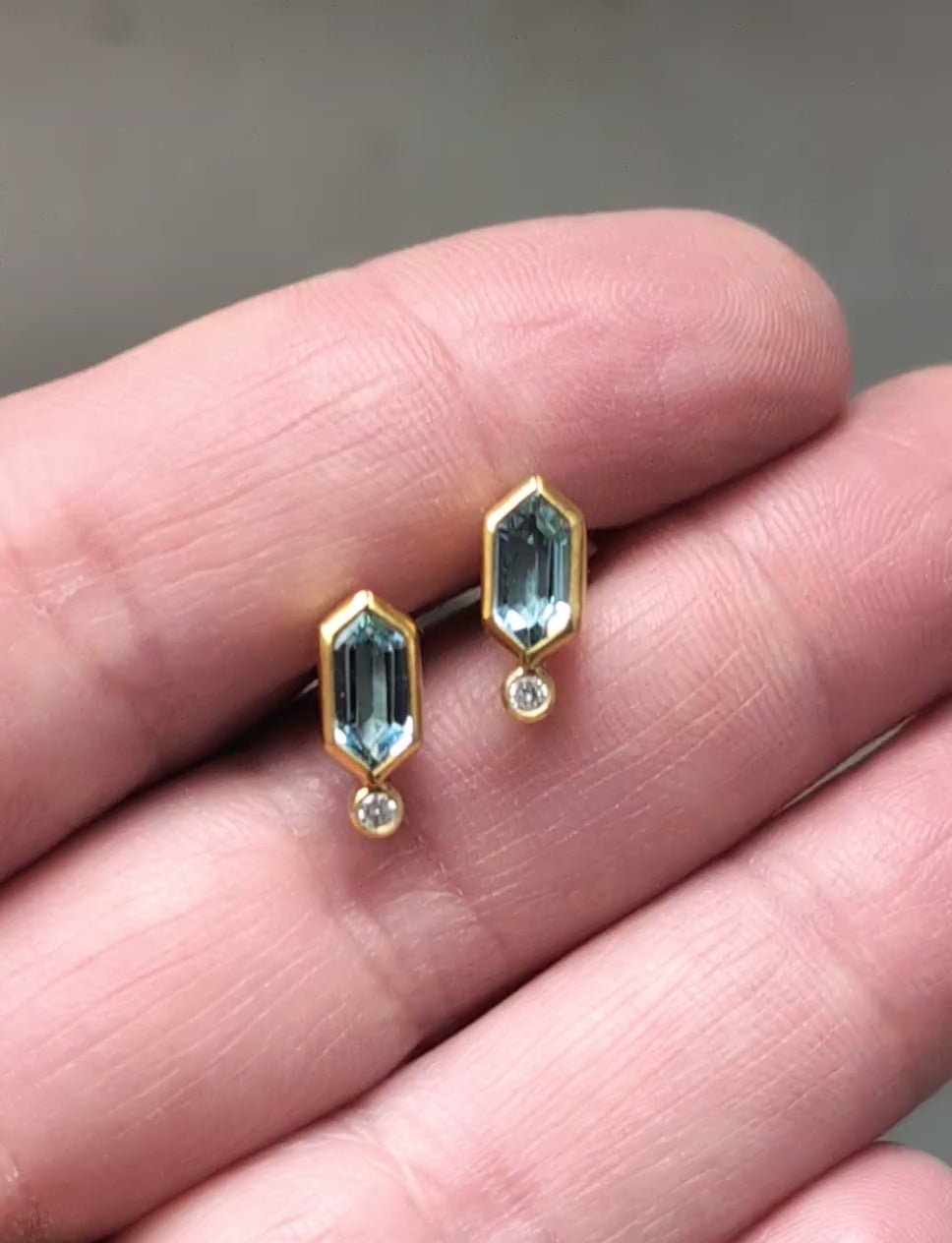 Aquamarine & Diamond Hexagon Stud Earrings