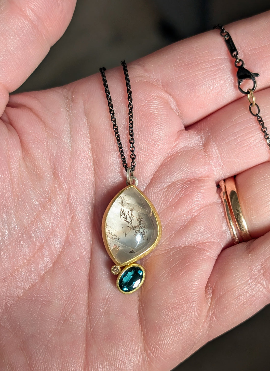 Dendritic Quartz, Tourmaline & Diamond Pendant