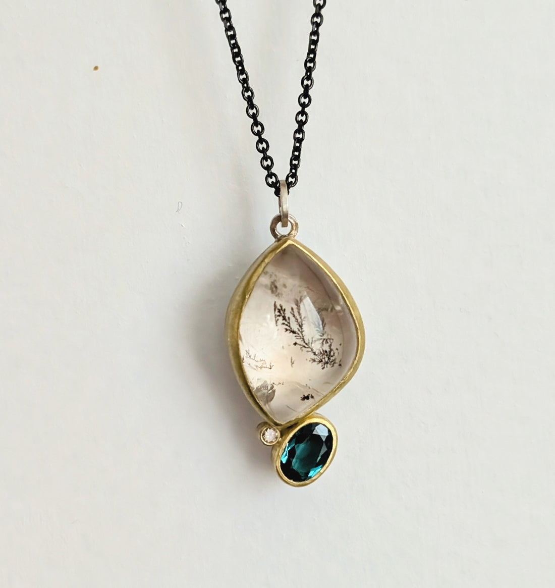 Dendritic Quartz, Tourmaline & Diamond Pendant