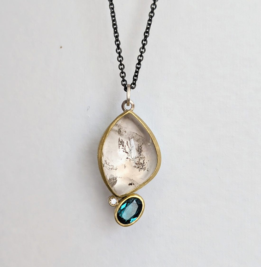 Dendritic Quartz, Tourmaline & Diamond Pendant