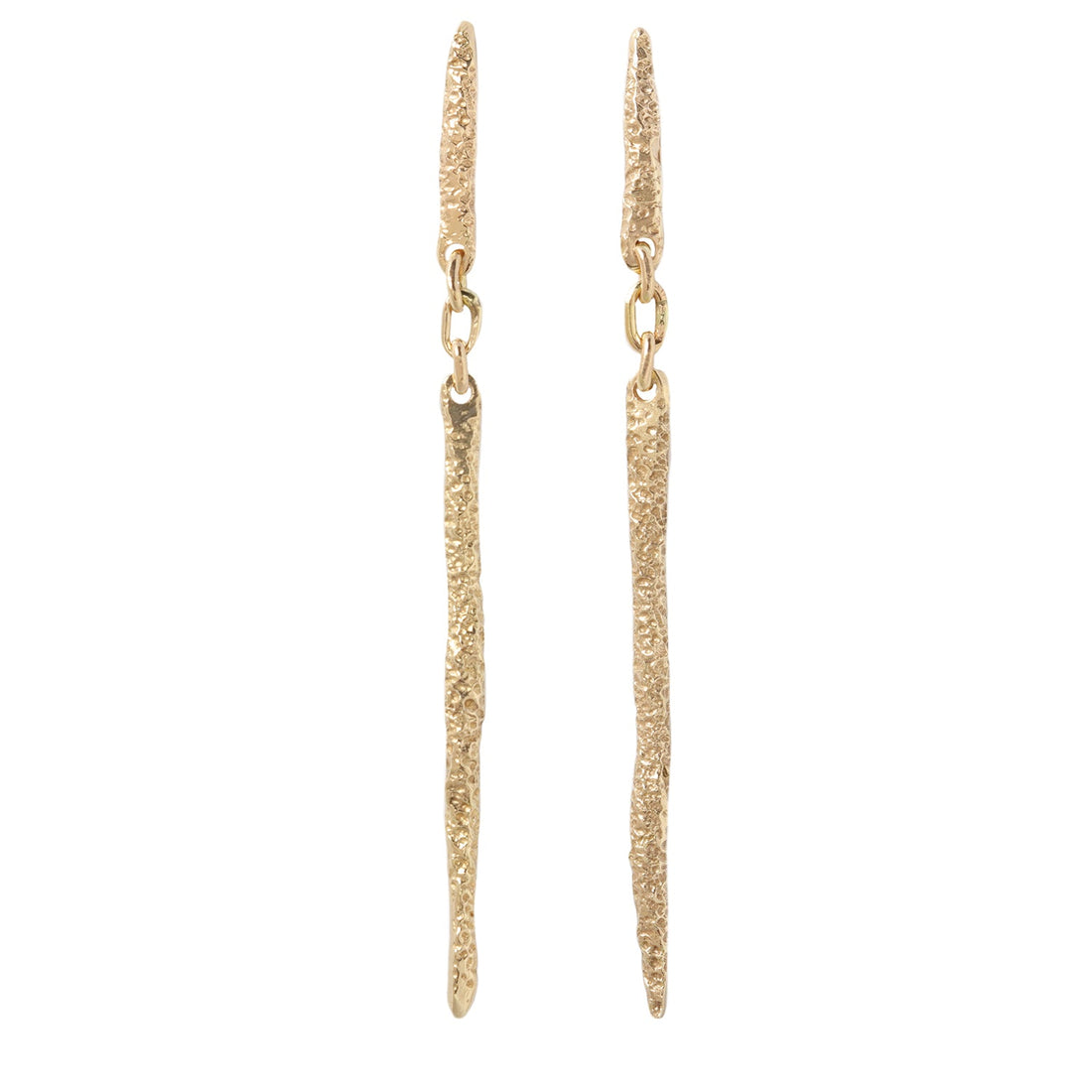 Long Sand Spine Drops in 14k gold by Erin Cuff Jewelry.