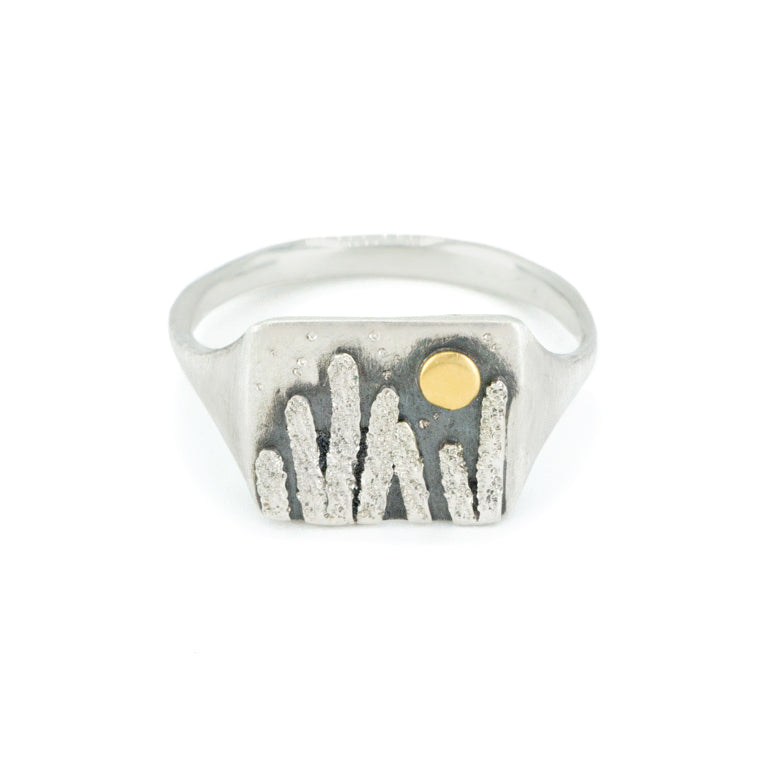 One of a Kind Desert Moonrise Ring #1 in sterling silver and 22k yellow gold by Erin Cuff Jewelry.