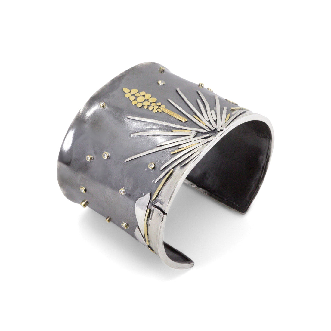Wide mixed metal statement cuff with desert landscape motif and diamond accents by Erin Cuff Jewelry.