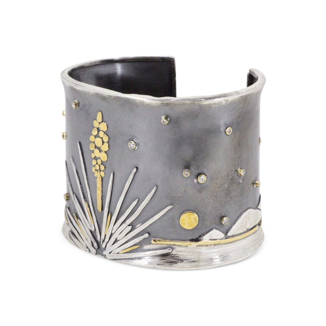 Wide mixed metal statement cuff with desert landscape motif and diamond accents by Erin Cuff Jewelry.