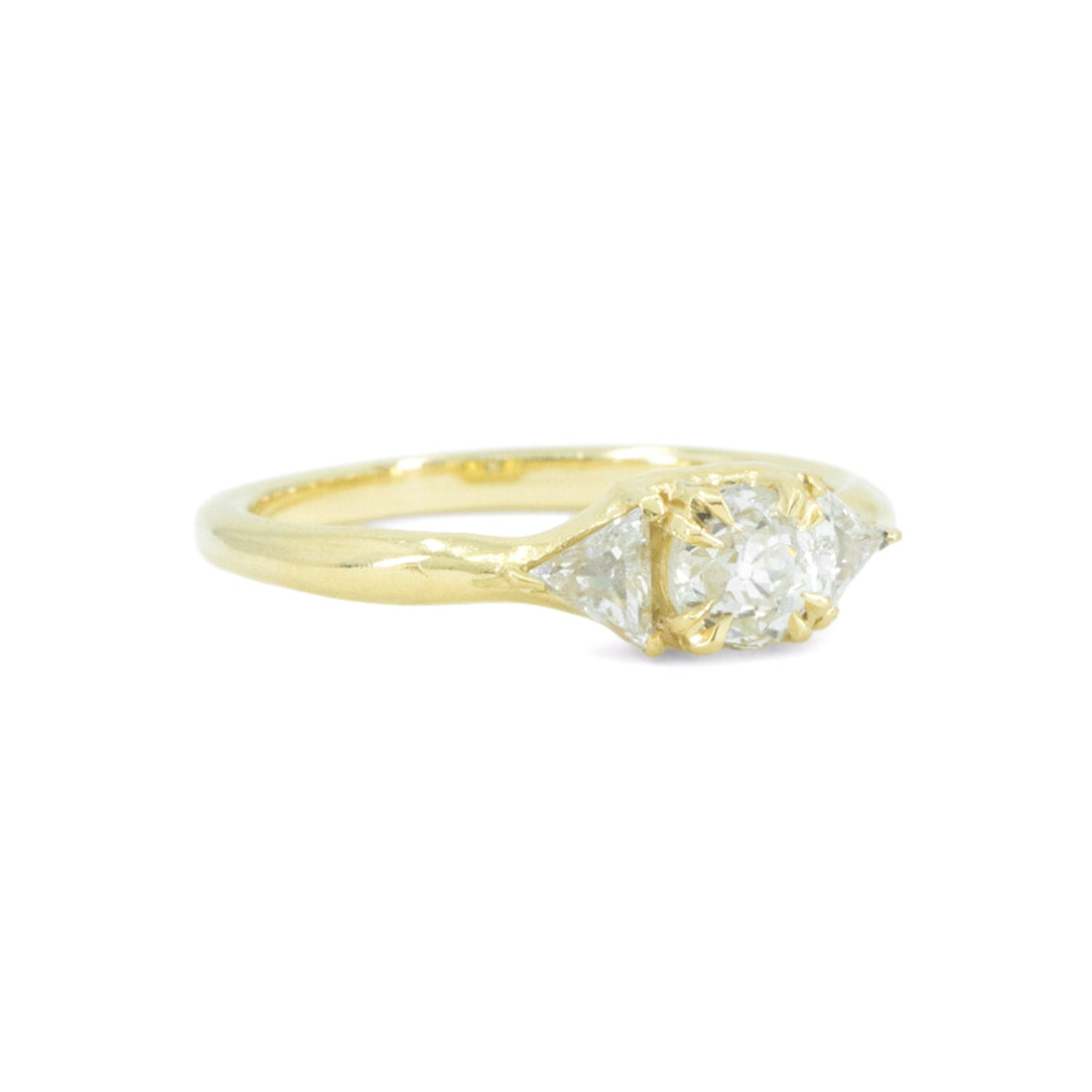 Perennial 3 Stone ring with antique diamonds in 18k yellow gold by Erin Cuff Jewelry.