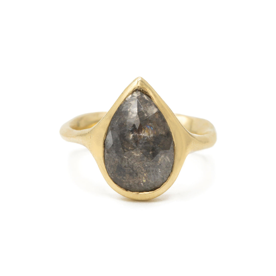 Althea Solitaire with pear shaped salt and pepper black diamond by Erin Cuff Jewelry.
